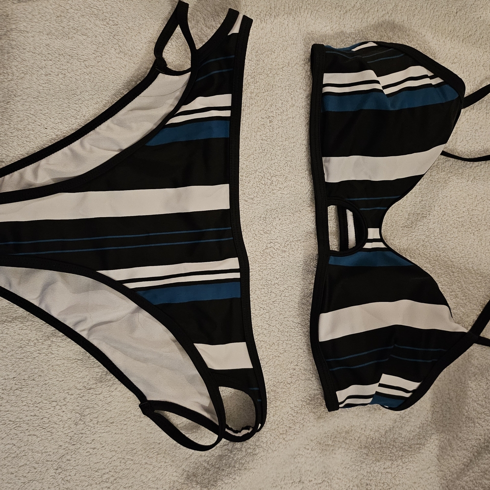 Striped Two-Piece Bikini Set in Black, White & Teal